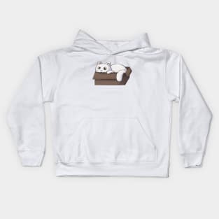 White Cat Biting A Box Kids Hoodie